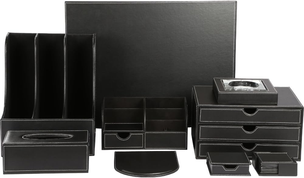 KINGFOM Desk Organizer Set 9 PCS Office Supplies Set File Holder Cabinet, Desk Organizer Drawer,Tissue Box Cover,Organizer Box,Mouse Pad,Desk Pad, Notepaper Holder, Crystal Holder and Coasters Set