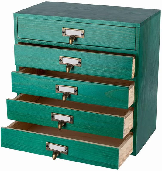 Desktop Organizer with Drawers - Card Catalog Cabinet, Small Wooden Drawers, Vintage Wooden Box, Rustic Desk Organizer and Accessories (S-GREEN)