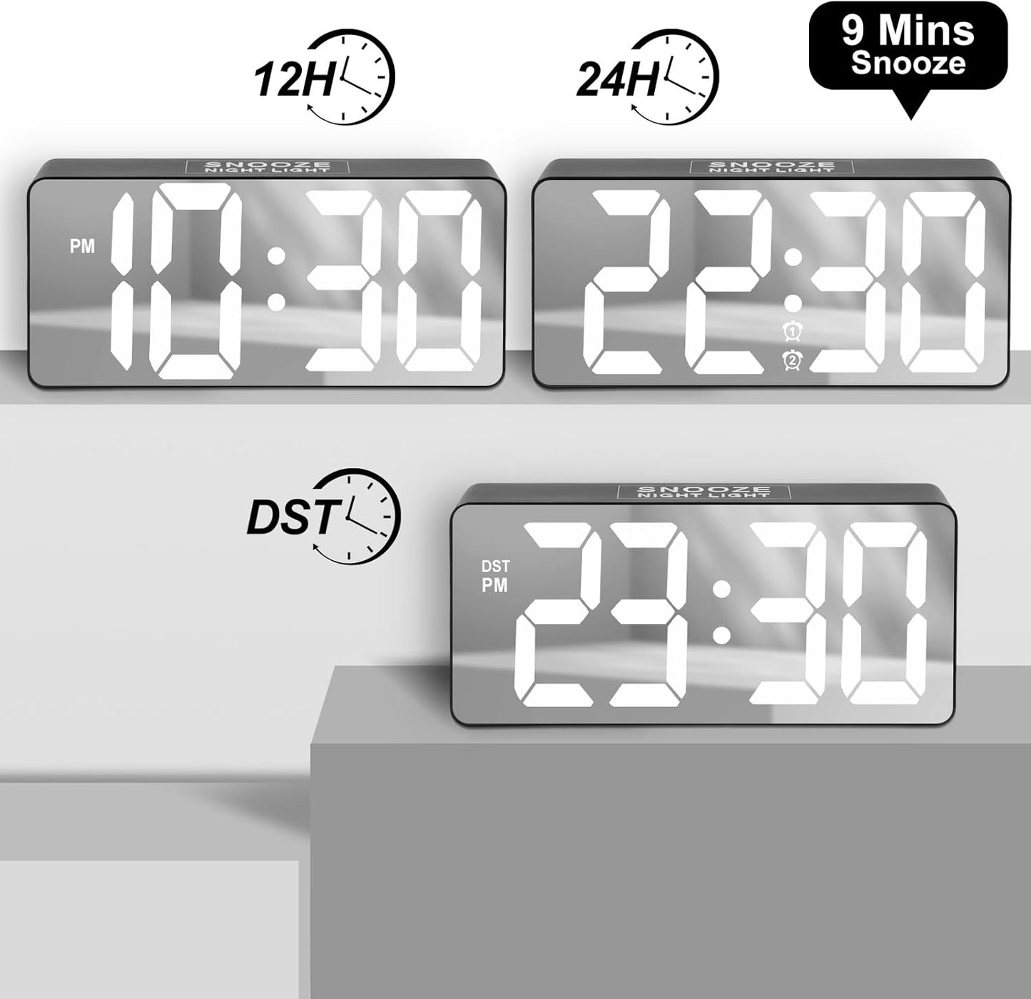 Digital Alarm Clock, Big Number LED Mirror Clock with Type C & USB Charging Port, 2 Alarms,Night Light,Dimmer,Snooze,Battery Backup,12/24H, Bedside Digital Clock for Bedroom Home Office Decor Kid Teen