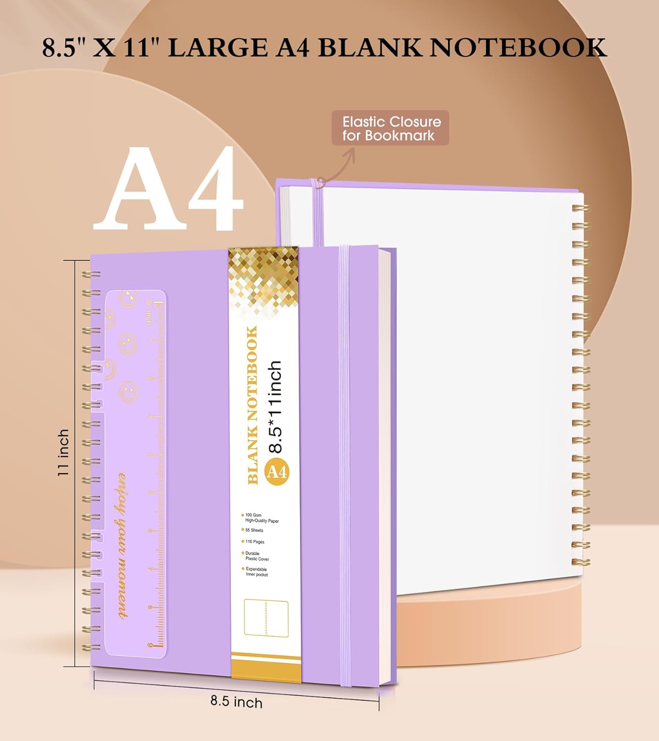 Blank Spiral Notebook Journal 8.5” x 11”, A4 Large Sketch Book for Women Men, 100 GSM Blank Paper Drawing Notebook, Plastic Hardcover Spiral Bound Sketchbook for Sketching Work School Writing, Purple