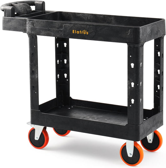 ELAFROS Heavy Duty Plastic Utility Cart 41.3 x 17 Inch - Ergonomic Handle Work Cart Storage W/Deep Shelves and 2 Fixed 2 Swivel Wheels Safely Holds up to 550 lbs - 2 Tier Service Cart with 6" Wheels