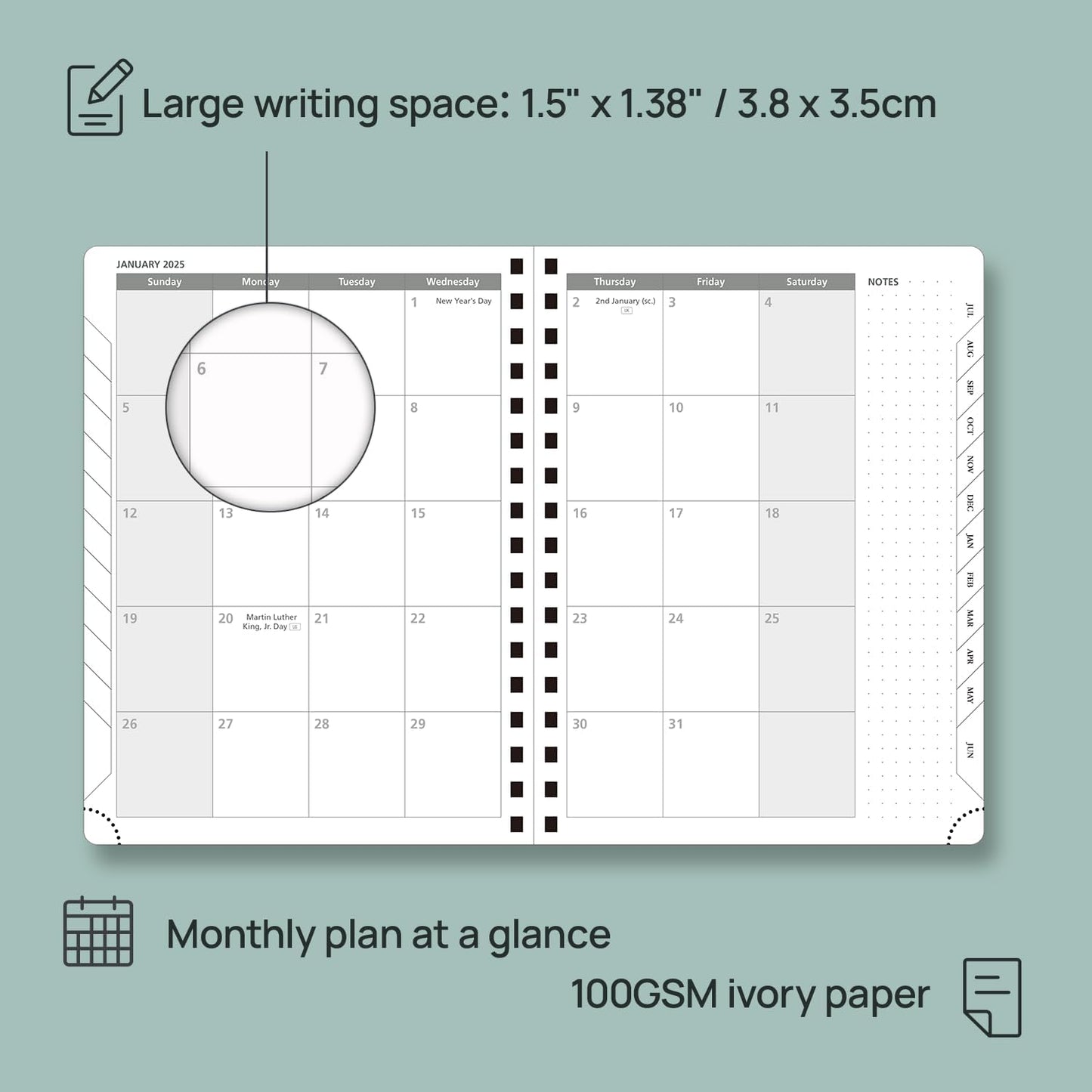 POPRUN Planner 2025-2026 (Medium - 6.5'' x 8.5'') Academic Weekly Calendar (July 2025 - June 2026) with Hourly Time Slots, Monthly Tabs, 100GSM Thick Papers, Spiral Leather Cover - Pacific Green