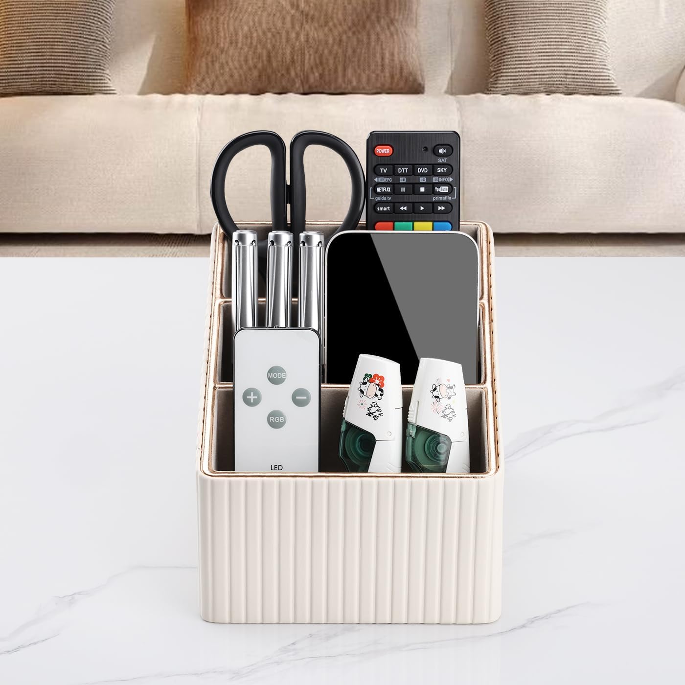 KINGFOM Remote Control Holder with 3 Compartments, Pu Leather Remote Caddy Desktop Organizer for TV, CD, Blu-Ray, Media Player, Heater Controllers and Cosmetics Office Supplies Light Beige