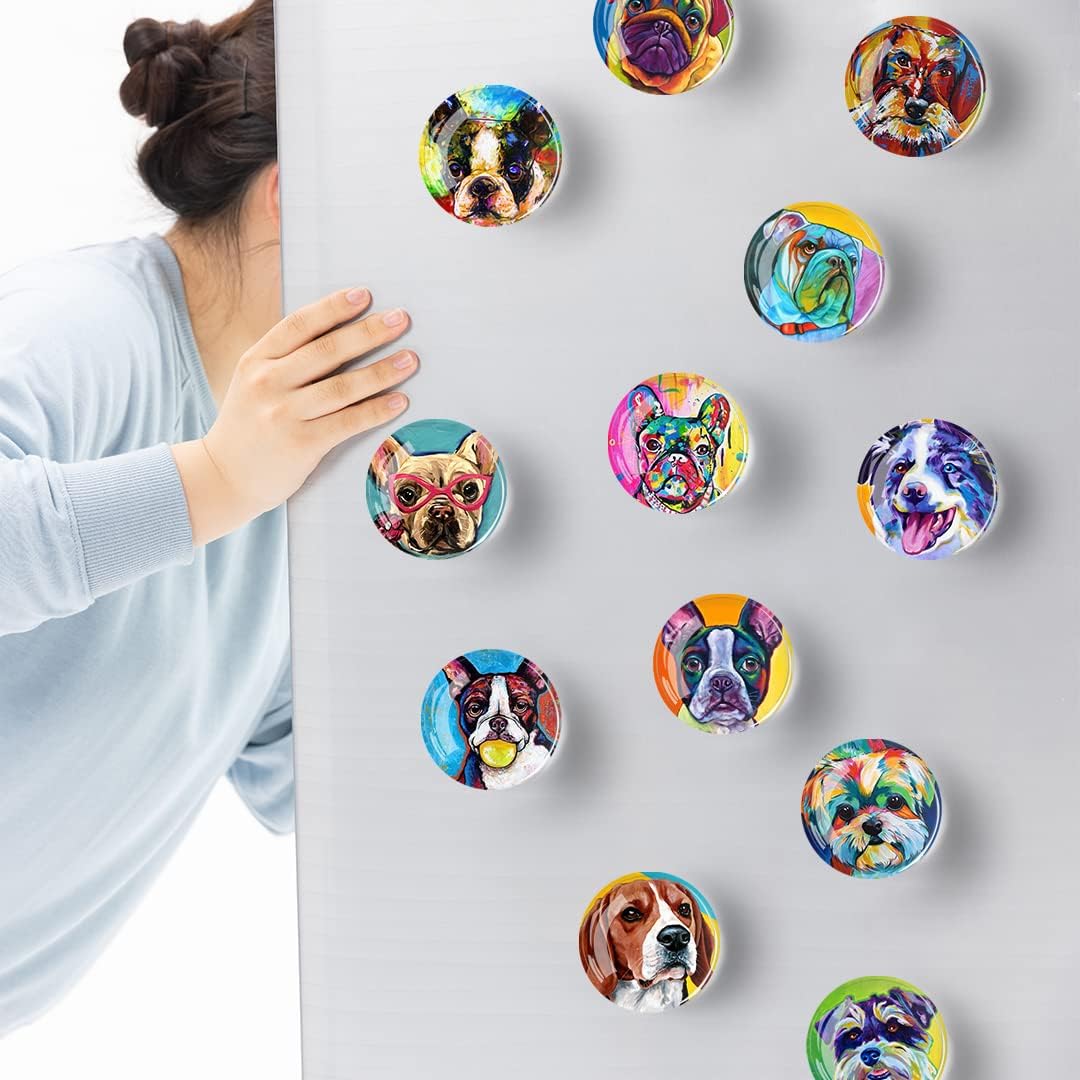 12Pcs Glass Refrigerator Magnet Fridge Sticker,Oil Painting Dog Fridge Magnets Decoration for Crafts,Strong Fridge Magnets for Kitchen, School,Office Whiteboard, Cabinet and Dishwasher