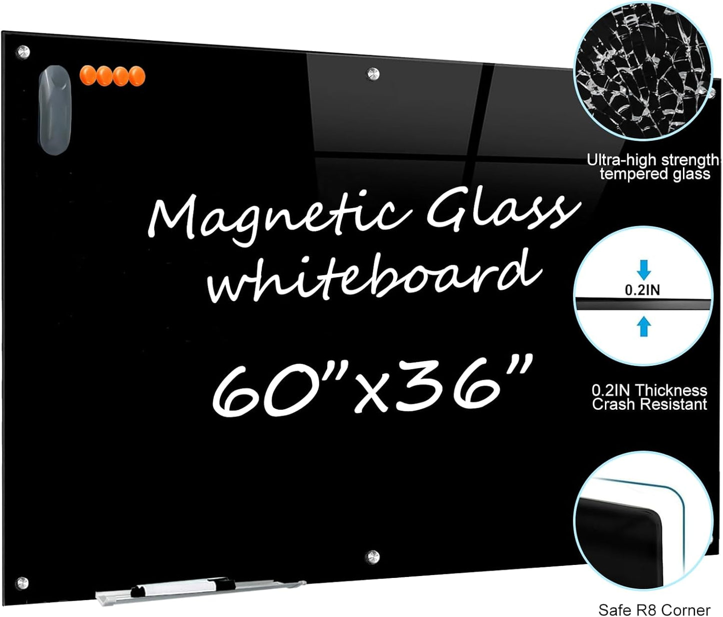 Glass Dry Erase Black Board - Magnetic Blackboard 60"X36" Frameless White Board Clear Glass Boards with Super Strong Magnets, Wall Mounted for Office, Classroom and Home