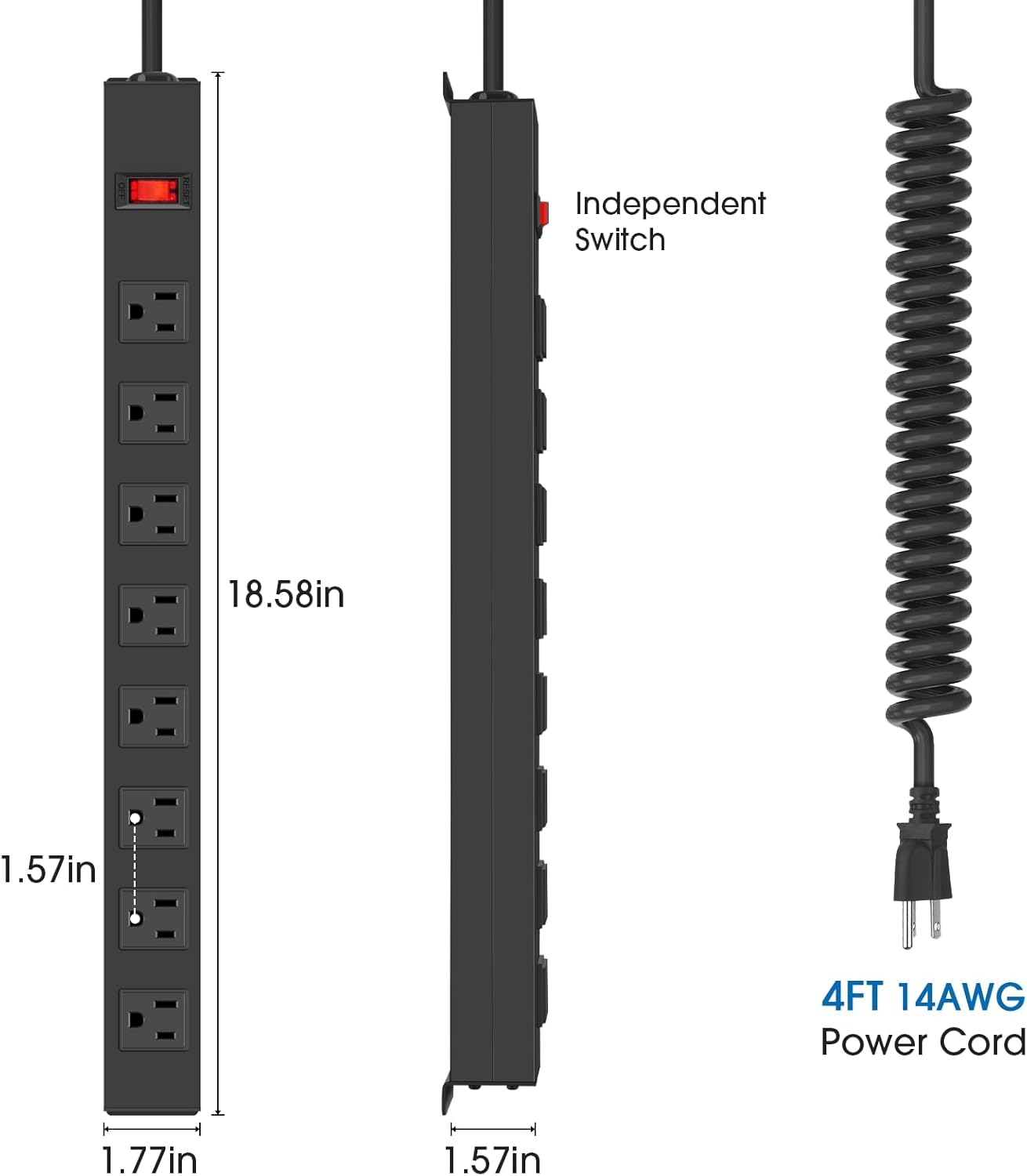 HHSOET 8 Outlet Metal Wall Mount Power Strip, Mountable Outlet with Switch, Heavy Duty Wide Spaced Surge Protector, 4 FT SJT 14AWG Black Spring Cord.