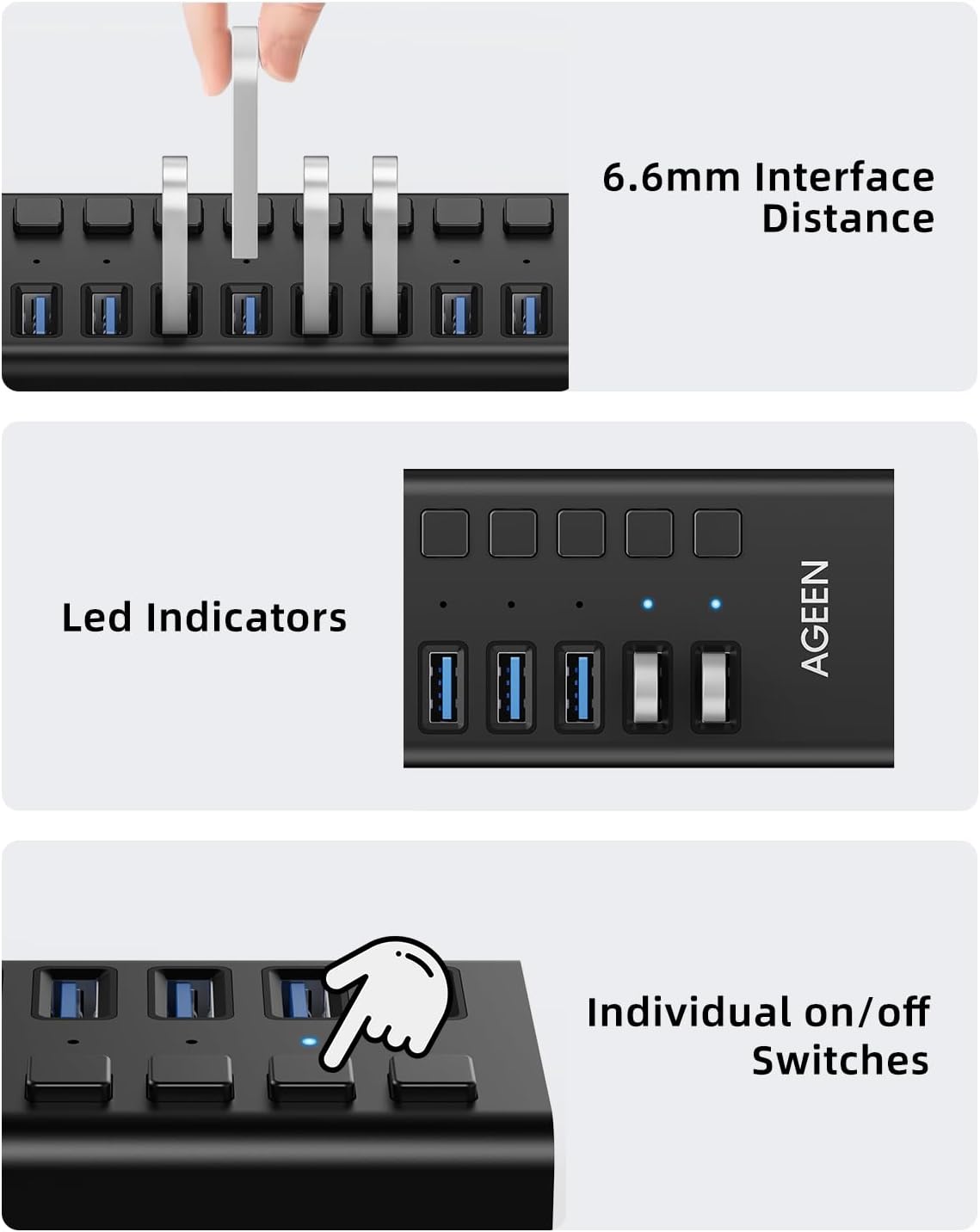 AGEEN 16-Port USB 3.2 Gen 2 Hub, 10Gbps High-Speed Aluminum Powered Hub with 96W Adapter, Individual Switches & Surge Protection for PC/Laptop, Flash Drive, Printer, Camera