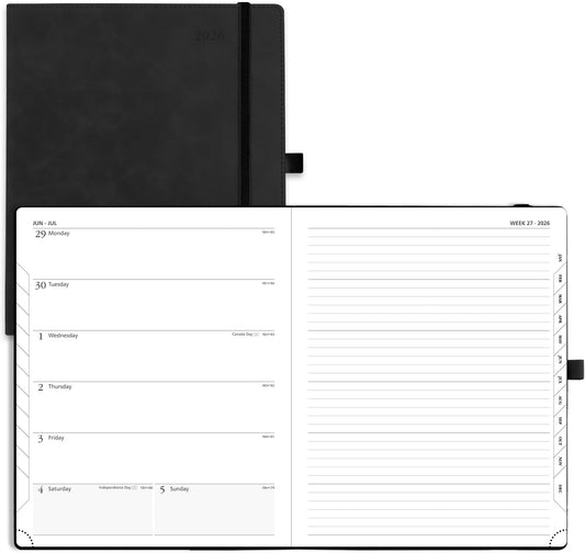 POPRUN Weekly Planner 2026 (Large 8.5" x 10.5") Calendar 12 Months Notebook with Horizontal Layout, Leather Soft Cover, Monthly Tabs, Inner Pocket, 100GSM Thick Paper, Pen Holder - Black