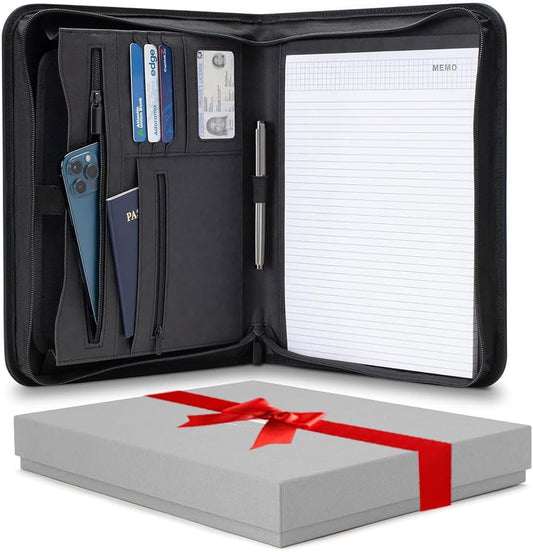 Padfolio Binder - Professional Faux Leather Travel Organizer Pouch for Tablet, Documents, Presentation Folders, Zipper Closure, Notepad - Black