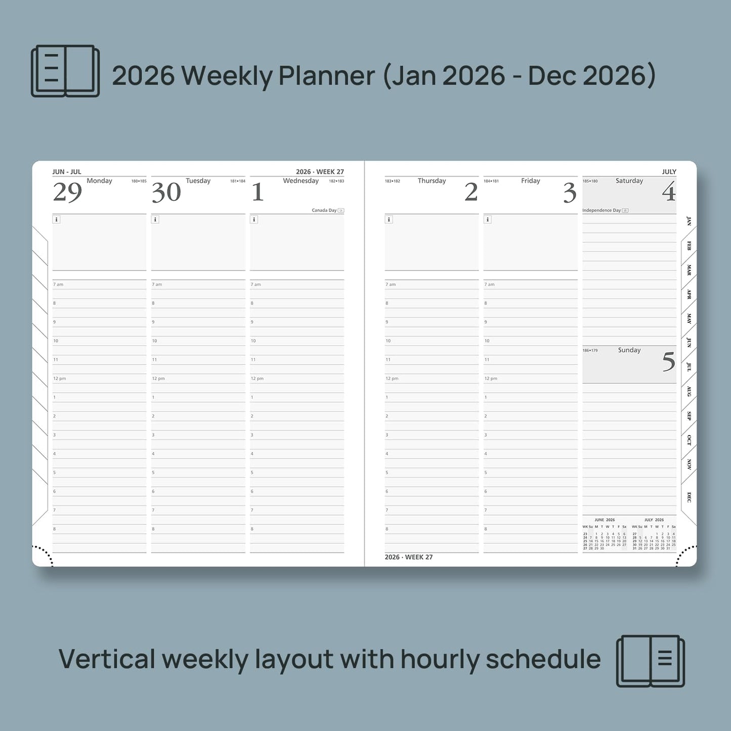 POPRUN 2026 Planner (Large Size 8.5''x 10.5'' Hardcover) - Daily Weekly and Monthly Calendar Agenda 2026 Appointment Book with Hourly Time Slots, Monthly Tabs, 100 GSM - Pacific Green