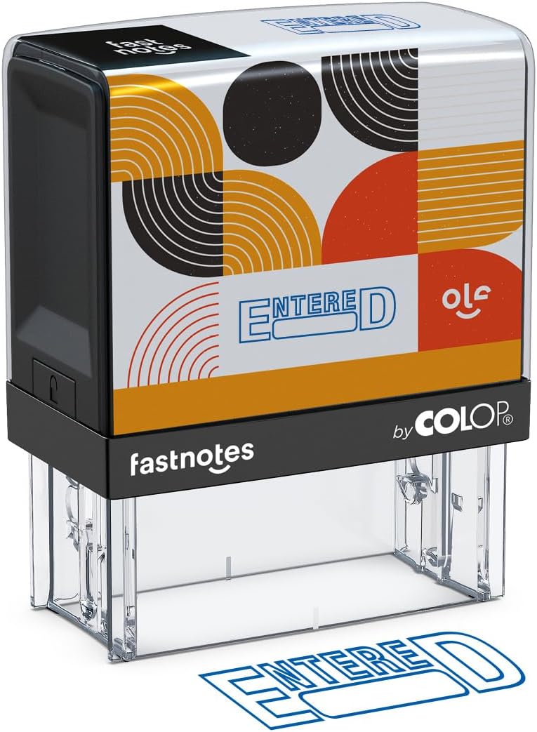 Fastnotes Entered Self-Inking Rubber Stamp by COLOP - Great for Office Documents, Notary, Warehouse, Accounting Paperwork, Business, and Legal Documentation - Blue Ink (Entered- Blue)