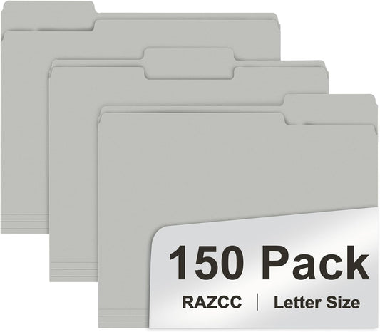File Folder, RAZCC 150 Pack 1/3 Cut Tab File Folders Letter Size, Grey, Folders with Tab, Great for Organizing and Easy File Storage