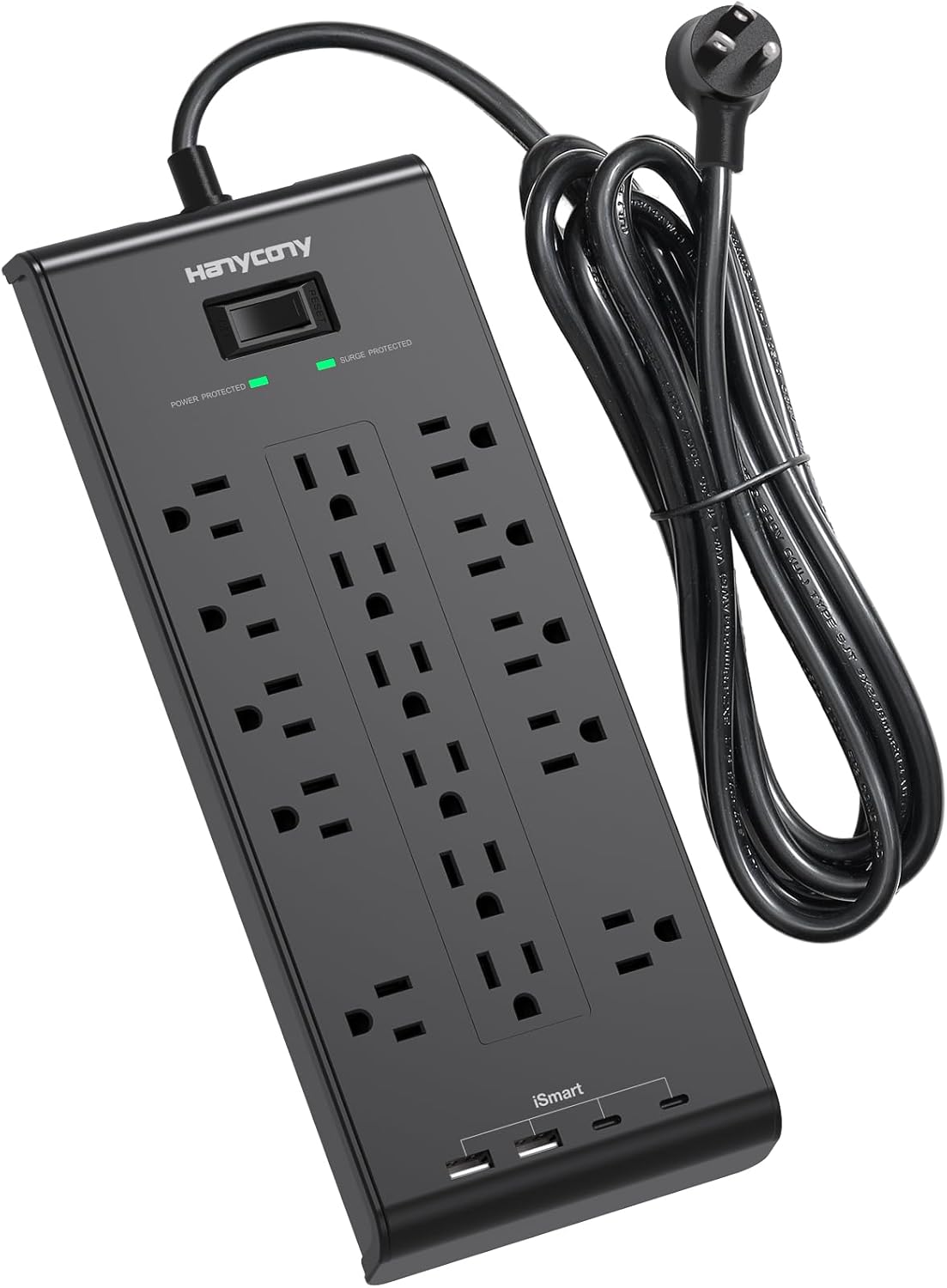 Extension Cord 15 Ft, HANYCONY Power Strip with 16 Oultets 4 USB Ports(2 USB C), 2700 Joules Heay Duty Surge Protector, Flat Plug, Wall Mount for Home Office, ETL Listed, Black