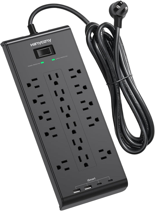 Extension Cord 15 Ft, HANYCONY Power Strip with 16 Oultets 4 USB Ports(2 USB C), 2700 Joules Heay Duty Surge Protector, Flat Plug, Wall Mount for Home Office, ETL Listed, Black