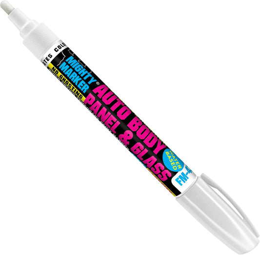 FM-43 Auto Body and Glass Paint Marker, No-Ghost, Highly Water-Resistant, 2.3mm Bullet Tip, Valve Action, 6 Bonus Reversible Tips, Made in USA - White 6 Pack
