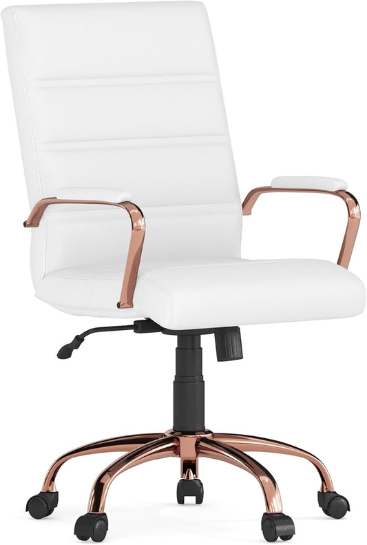 Flash Furniture Whitney Mid-Back Swivel LeatherSoft Desk Chair with Padded Seat and Armrests, Adjustable Height Padded LeatherSoft Office Chair, White/Rose Gold