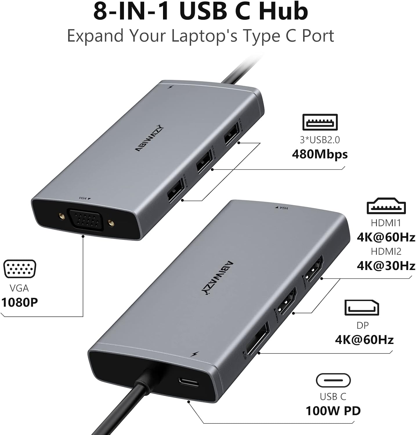 ABIWAZY USB C Docking Station Dual Monitor Adapter for Dell HP Laptop Docking Station 3 Monitors Quadruple Display USBC Hub Dongle to 4K HDMI,DP,VGA,3 USB2.0,100W PD, USB-C Dock for Lenovo,Surface