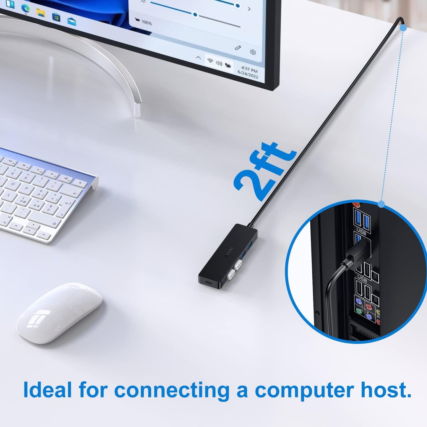 Aceele 4-Port USB 3.0 Hub, Ultra-Slim Data USB Hub with 2ft Extended Cable [Charging Not Supported], USB Extender for MacBook, Mac Pro, Mac Mini, iMac, Surface Pro, XPS, PC, Flash Drive, Mobile HDD