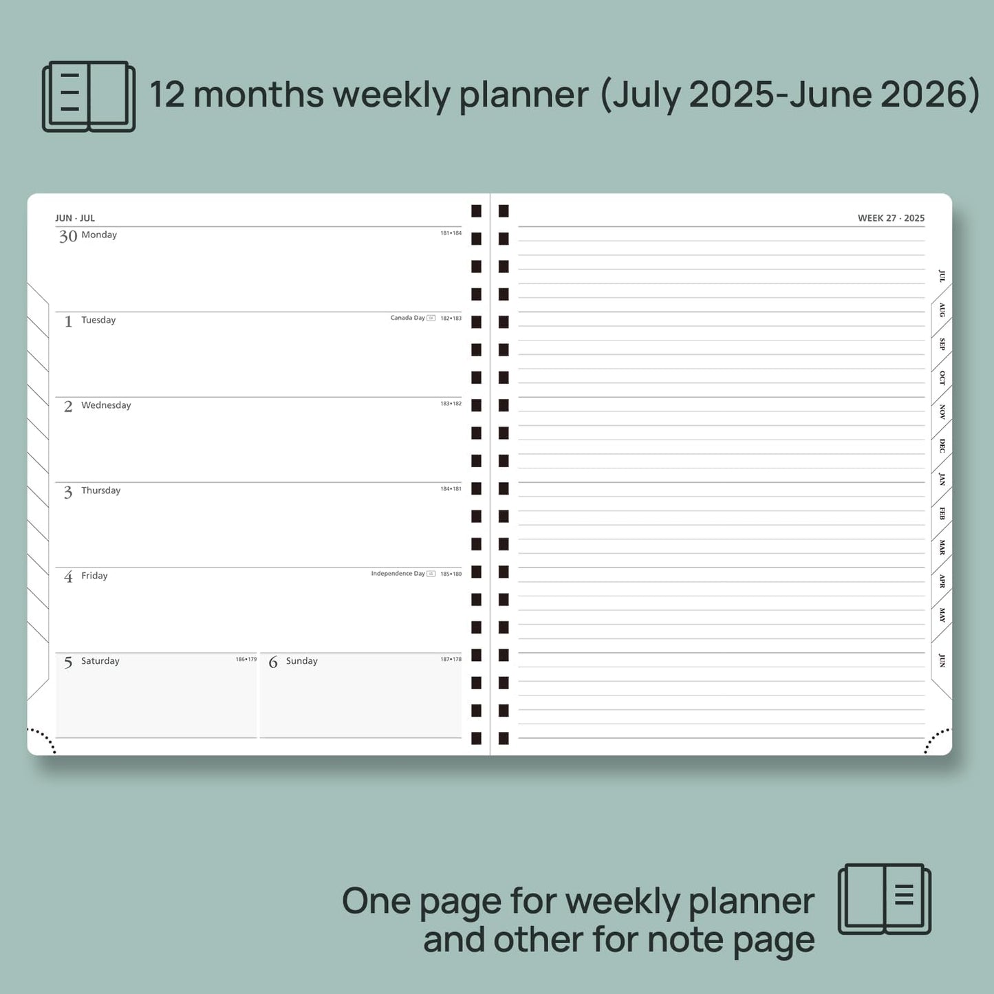 POPRUN Planner 2025-2026 Weekly Planner Notebook (Large 8.5''x 10.5'') Academic Calendar (JUL.25 - JUN.26) Appointment Book with Monthly Tabs, Spiral Soft Cover, Inner Pocket, 100 GSM - Petrol