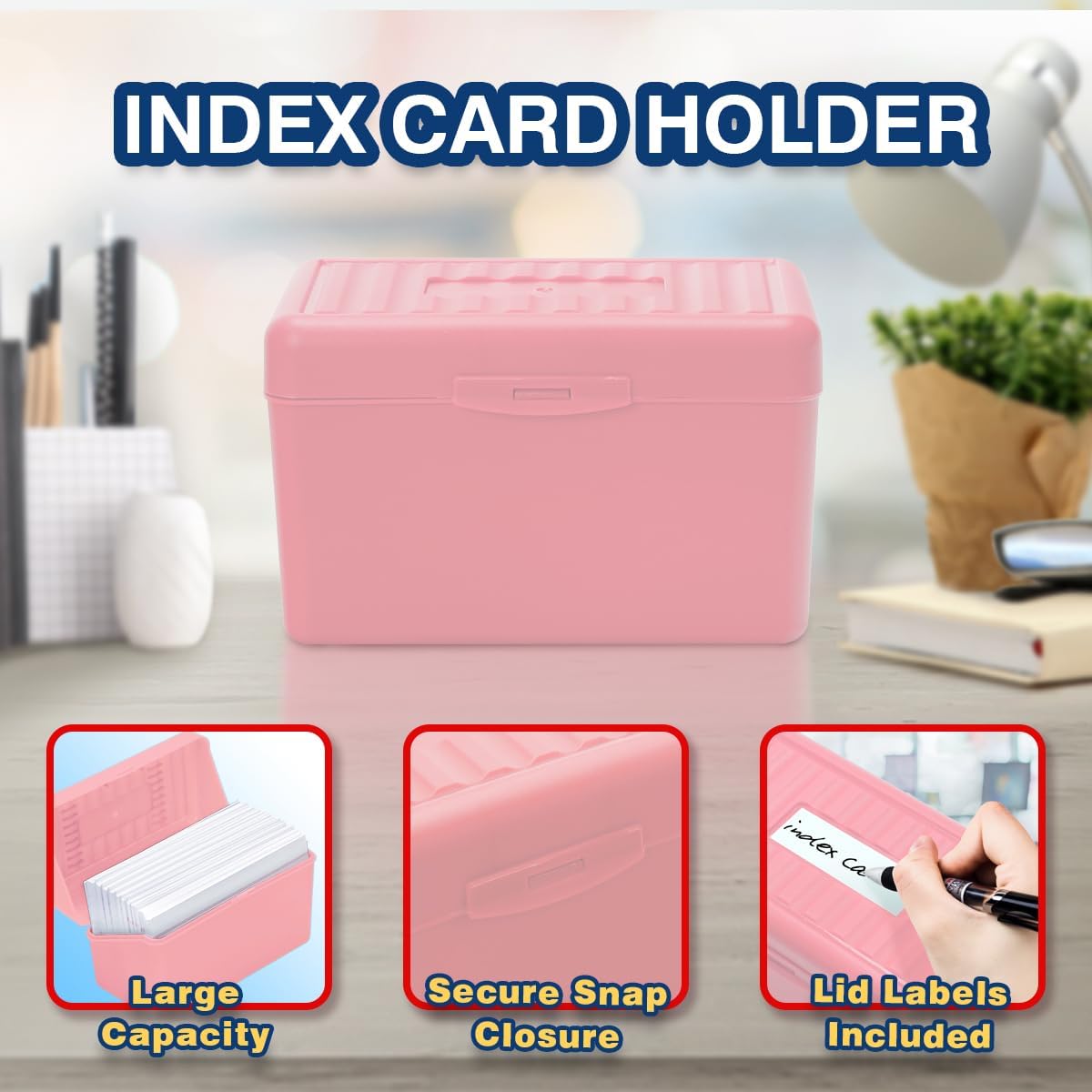 H4D 3x5 Index Card Holder with 100 Heavyweight Ruled Index Cards and 25 Plastic Dividers, Light Pink