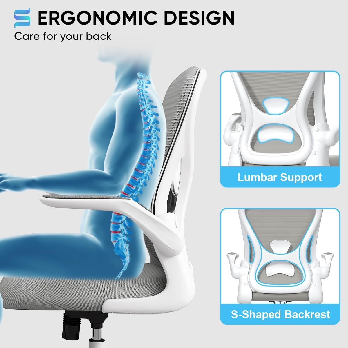 Sytas Ergonomic Desk Chair with Padded Flip up Arms and Supportive Lumbar Support, Breathable Mesh Home Office Chair with Comfortable Cushion for Home or Office(Gray)