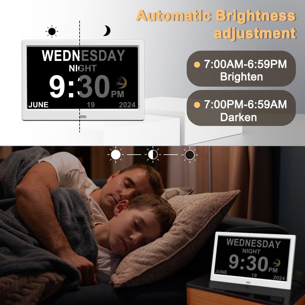 Extra Large Impaired Vision Digital Alarm Clock with Day and Time for Elderly Calendar Clock Auto Dimmable Clock (10.1 Inch White)