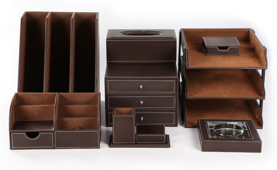 KINGFOM Pu Leather Desk Organizers and Accessories, 8 PCS/SET Office Supplies Organization with Magazine Files Holder, Stackable Paper Tray, Desktop Organizers with Drawer for Home Office School Brown