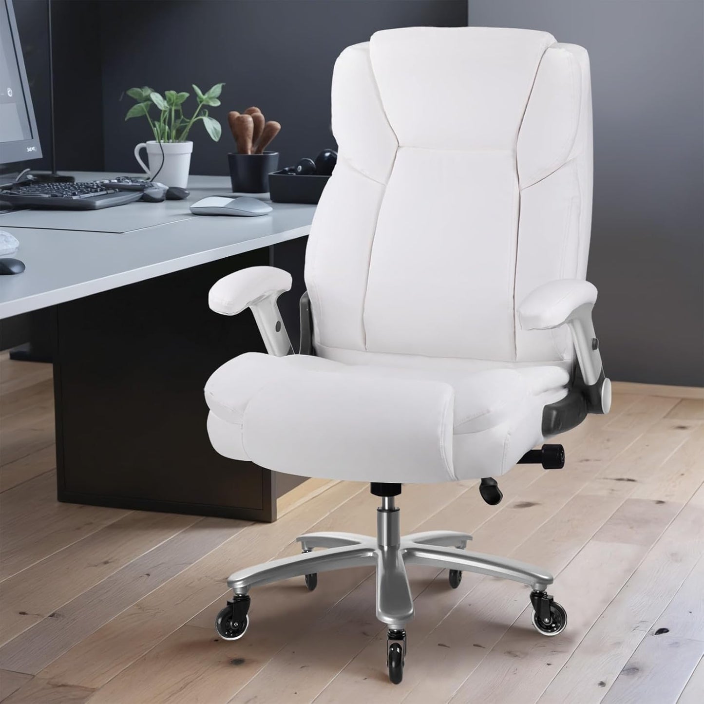 Big and Tall Office Chair 600lbs, Ergonomic Heavy Duty Executive Office Chair, High Back Office Leather Chair with Adjustable Armrests and Lumbar Support, White Big Tall Chair for Heavy People
