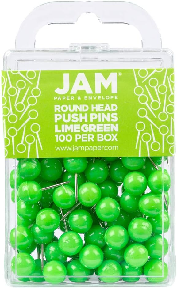 JAM PAPER Colorful Push Pins - Round Head Map Thumb Tacks - Lime Green Pushpins - 100/Pack
