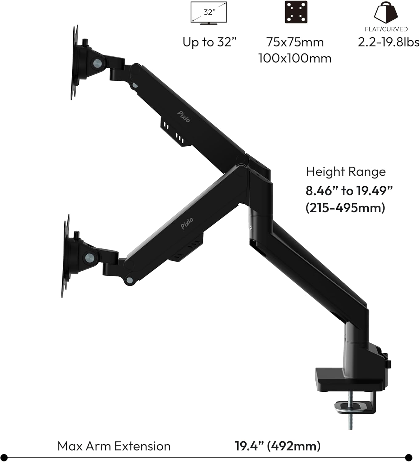 Pixio PS1D Wave Black Dual Monitor Arm Stand Desk Mount - Fits up to 32 inches Monitors and up to 19.8lbs. VESA Compatibility and Integrated Cable Management