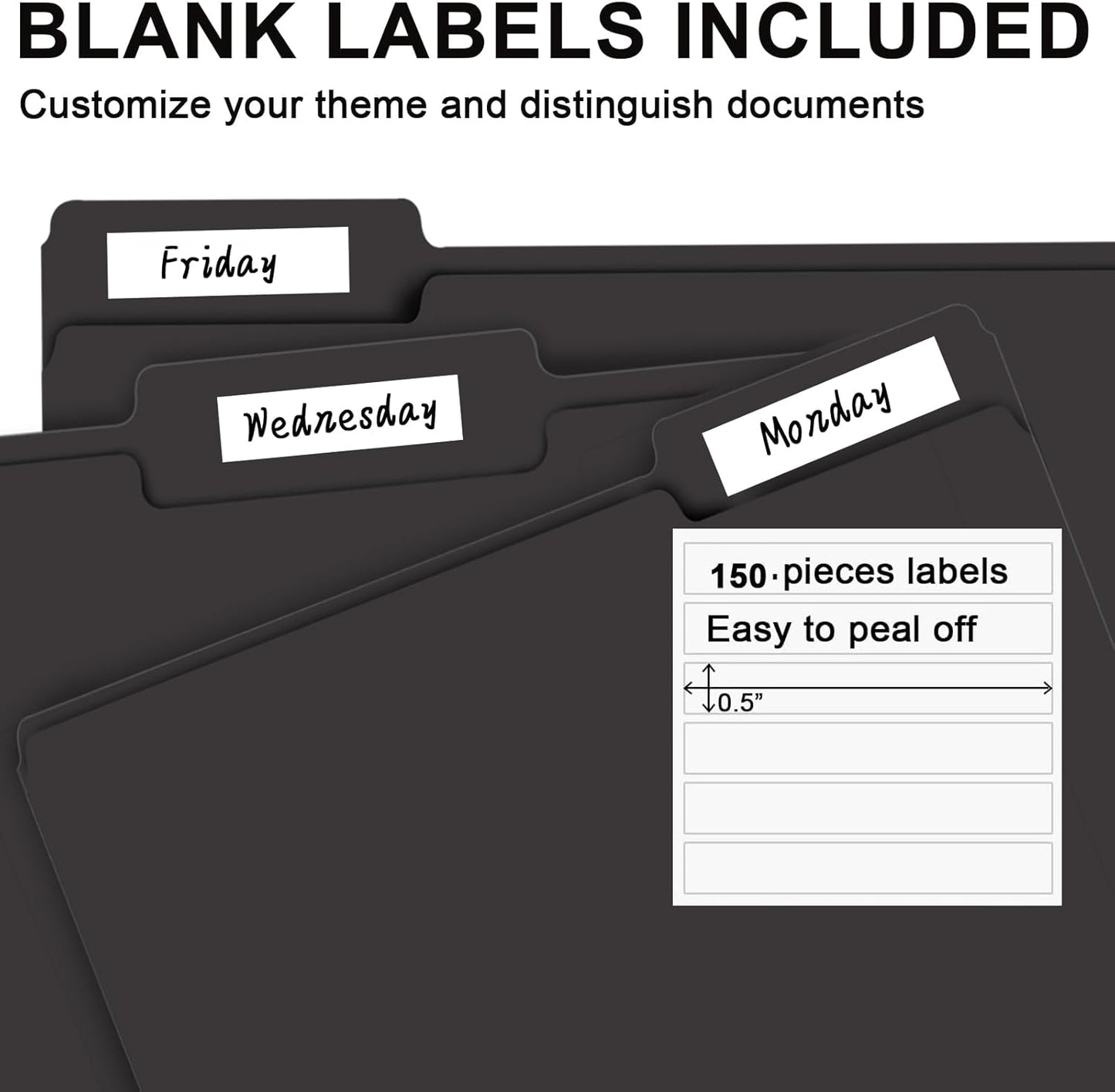 File Folder, RAZCC 150 Pack 1/3 Cut Tab File Folders Letter Size, Black Folders for Dcouments, Folders with Tab Great for Organizing and Easy File Storage