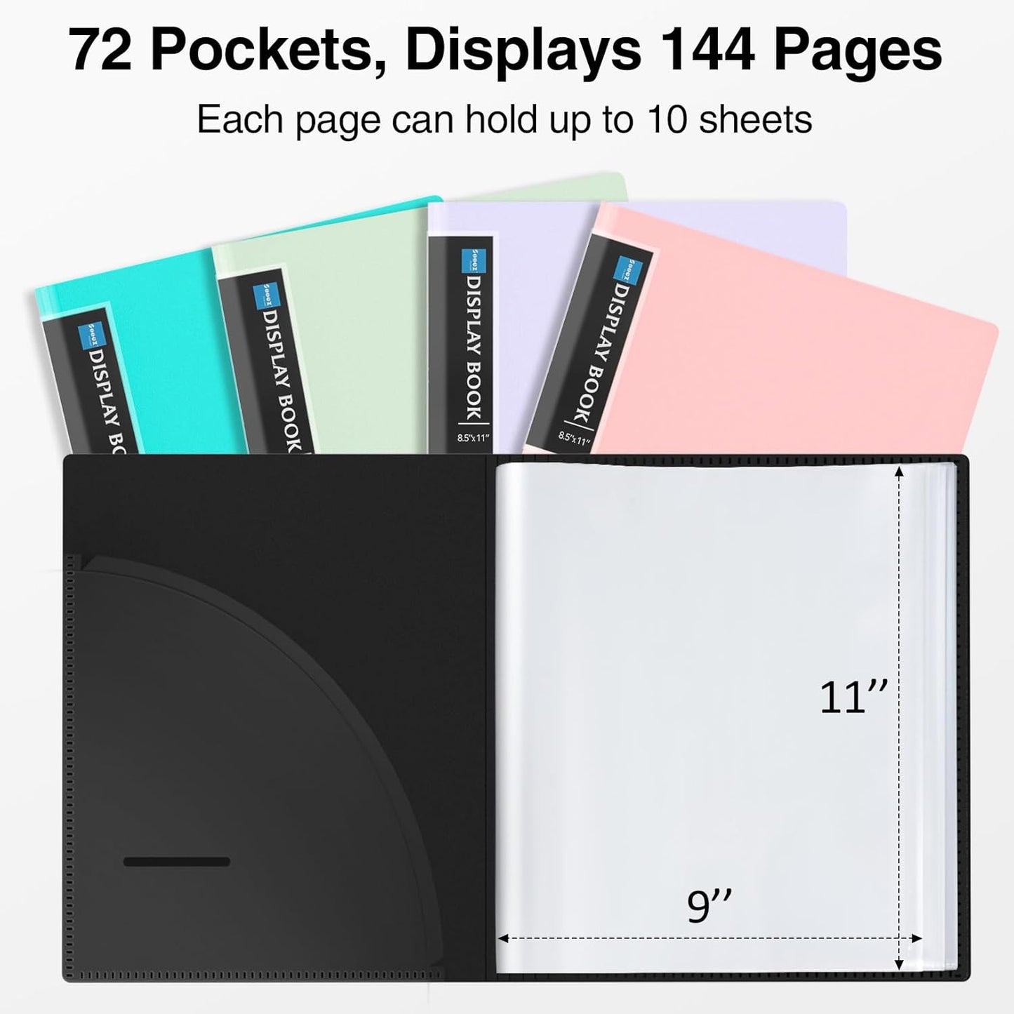 Sooez 72 Pocket Binder with Plastic Sleeves & Elastic Band, Large Capacity 8.5x11 Presentation Book Display 144 Pages, Art Portfolio Document Folder with Clear Sheet Protectors for Office School
