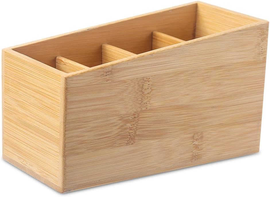 Bamboo Wood Pens Pencils Holder Cup for Desk Remote Control Holder, Caddy,Organizer,Desktop Storage with 4 Compartments,Multiuse for Store TV Remotes,Game Console,Phones,Office Supplies (4 Grid)