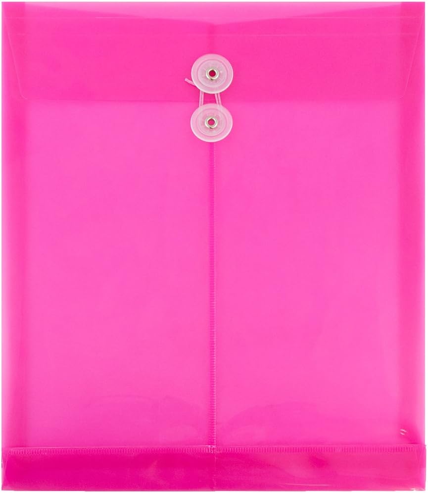 JAM PAPER Plastic Envelopes with Button & String Tie Closure - Letter Open End - 9 3/4 x 11 3/4 - Fuchsia - 12/Pack
