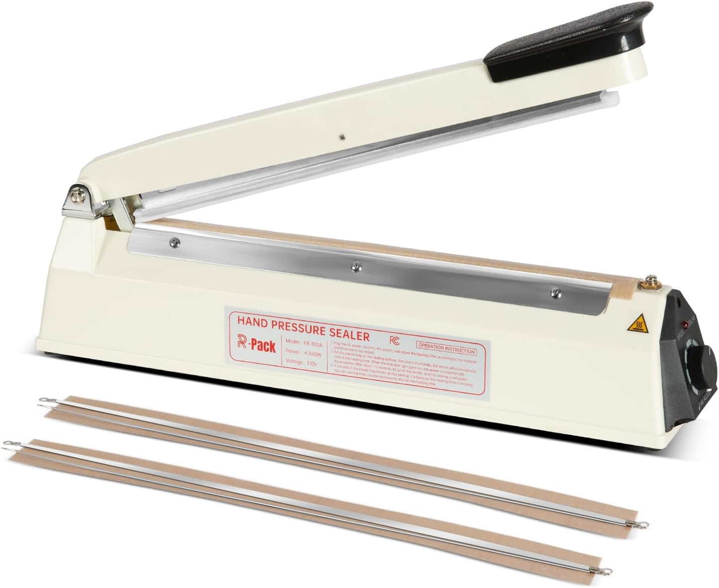 Impulse Heat Sealer with Cutter, Heavy-Duty Bag Sealing & Cutting Machine, 2 Extra Replacements (White, 12-Inch)