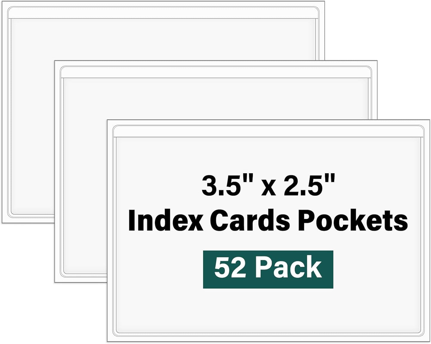 52 Pack Index Card Pockets with Top Open, 3.5 x 2.5 Inch Adhesive Label Pockets Clear Plastic Index Card Holder for Organizing, Storage Bins, Library Cards, Notes