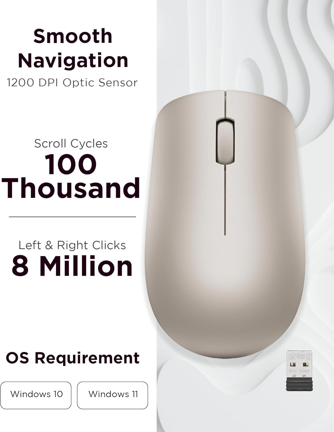 Lenovo 530 Wireless Mouse with Battery, 2.4GHz Nano USB, 1200 DPI Optical Sensor, Ergonomic for Left or Right Hand, Lightweight, GY50Z18988, Almond