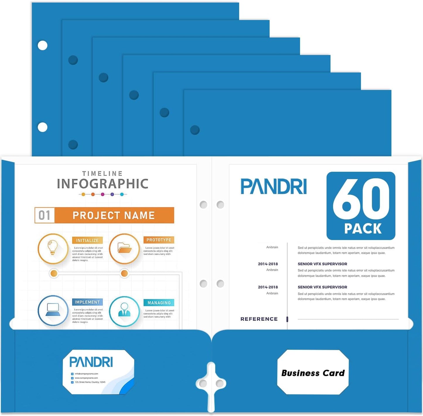 Two Pocket Portfolio Folders, PANDRI 60 Pack 3 Hole Punched 2 Pocket Folders for 3 Ring Binder, Letter Size Paper File Folder for School Office Home Business, Blue