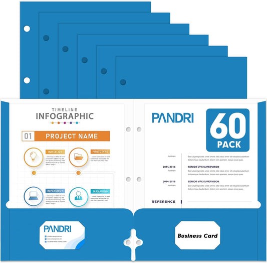 Two Pocket Portfolio Folders, PANDRI 60 Pack 3 Hole Punched 2 Pocket Folders for 3 Ring Binder, Letter Size Paper File Folder for School Office Home Business, Blue