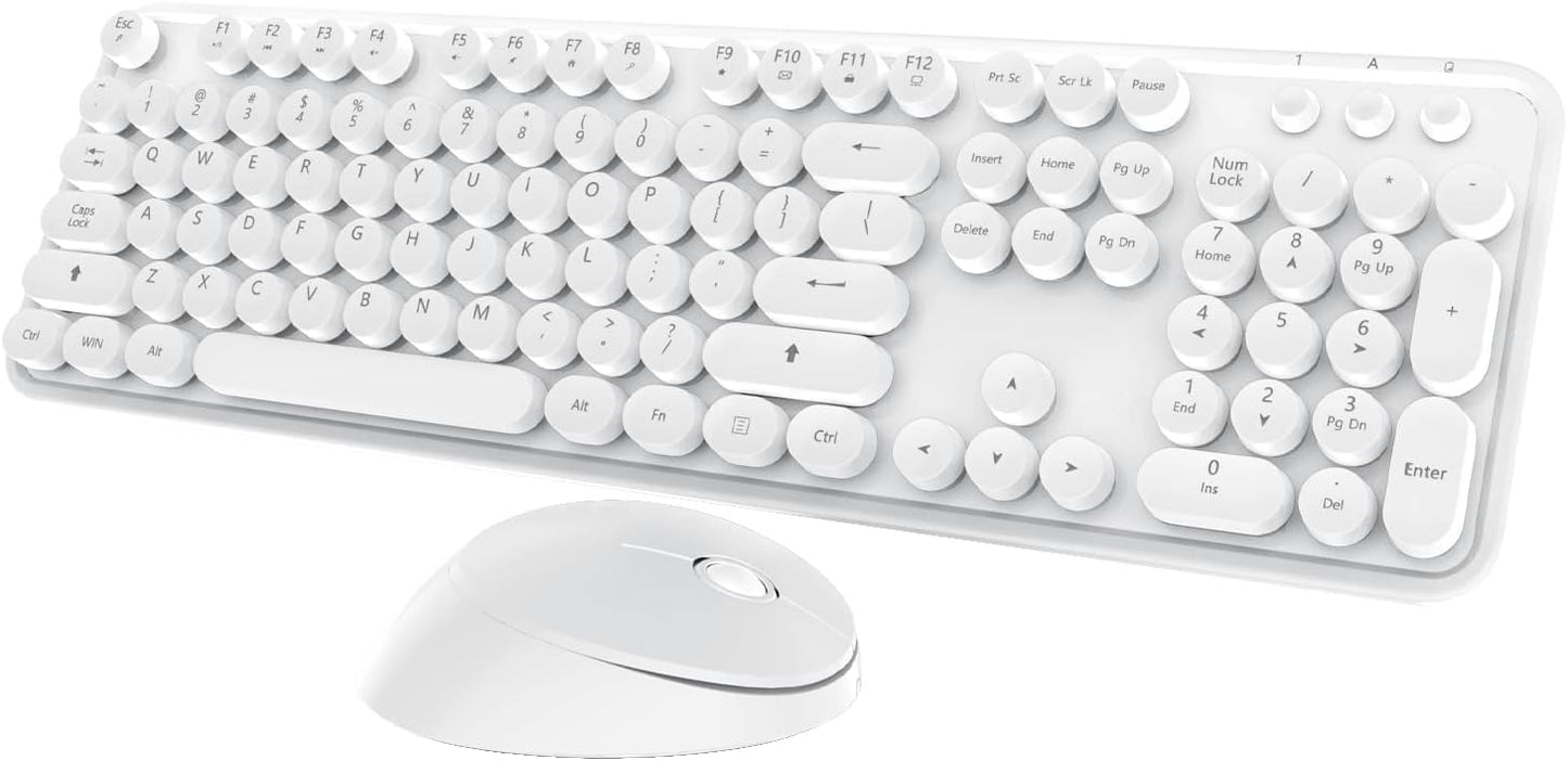 Wireless Keyboard Mouse Combo, 104 Keys Cute White Keyboard with Number Pad & Mouse for Windows, Computer, PC, Notebook, Laptop (White)