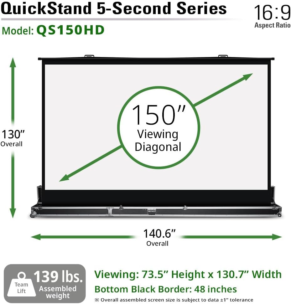 Elite Screens QuickStand 5-Second Series, 150-INCH 16:9, Manual Pull Up Projector Screen, Movie Home Theater 8K / 4K Ultra HD 3D Ready, US Based Company 2-Year Warranty, QS150HD