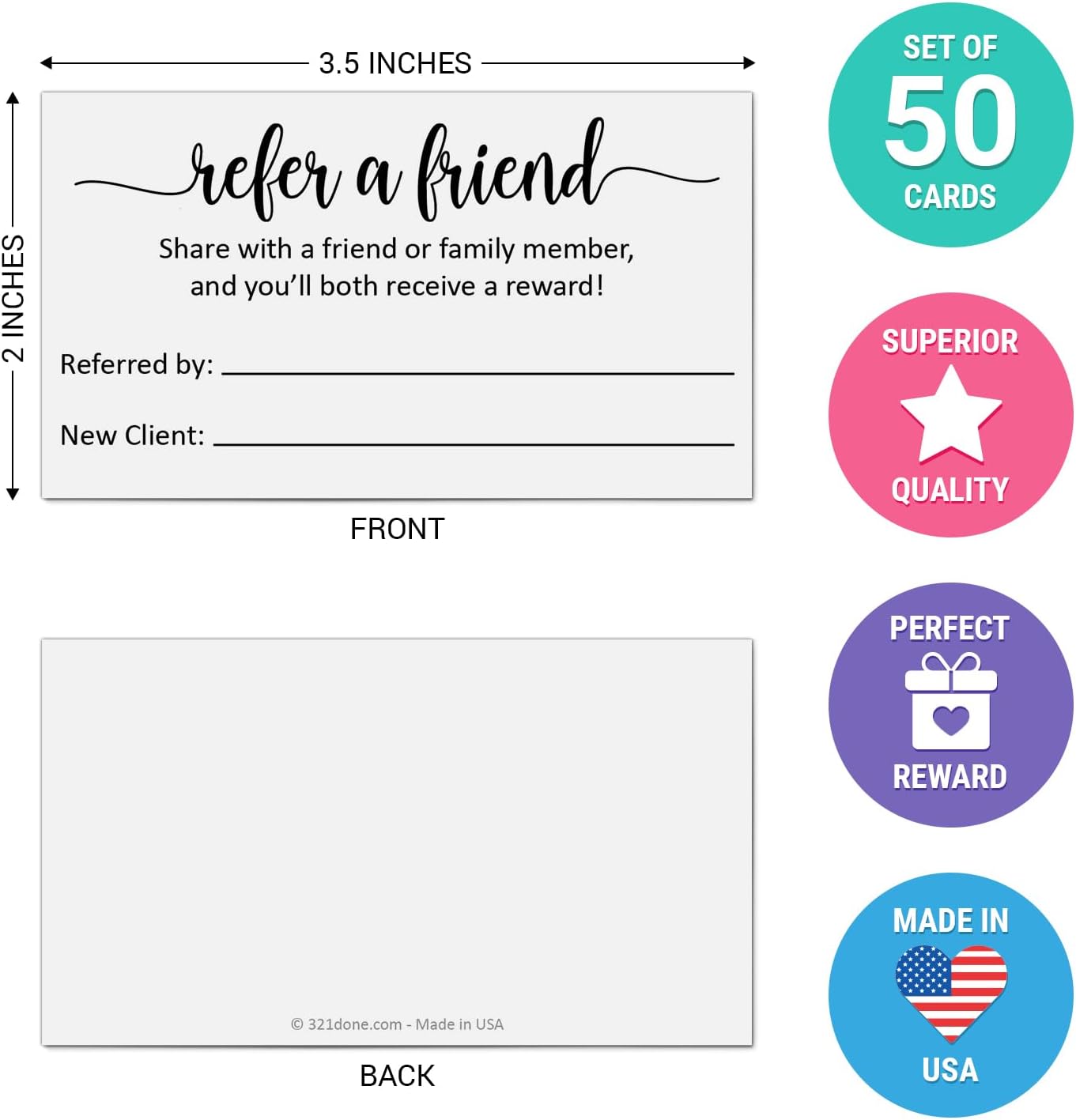 321Done Refer a Friend Card, Made in USA - 3.5x2 White, Customer Referral Discount Cards, Reward for Small Business Referrals Salon Spa - Set of 50