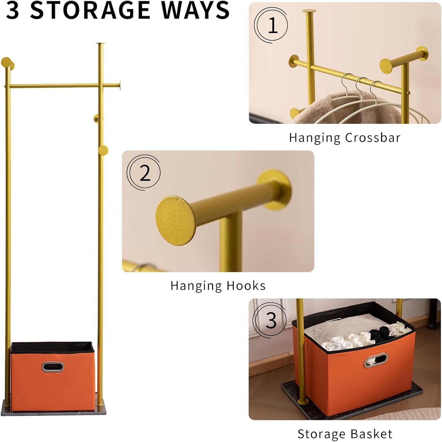 Coat Rack Freestanding with Storage Basket Heavy Duty Clothes Rack Marble Base Modern Coat Stand for Bedroom Living Room Hotel 13.39" D x 19.69" W x 68.9" H (Gold)