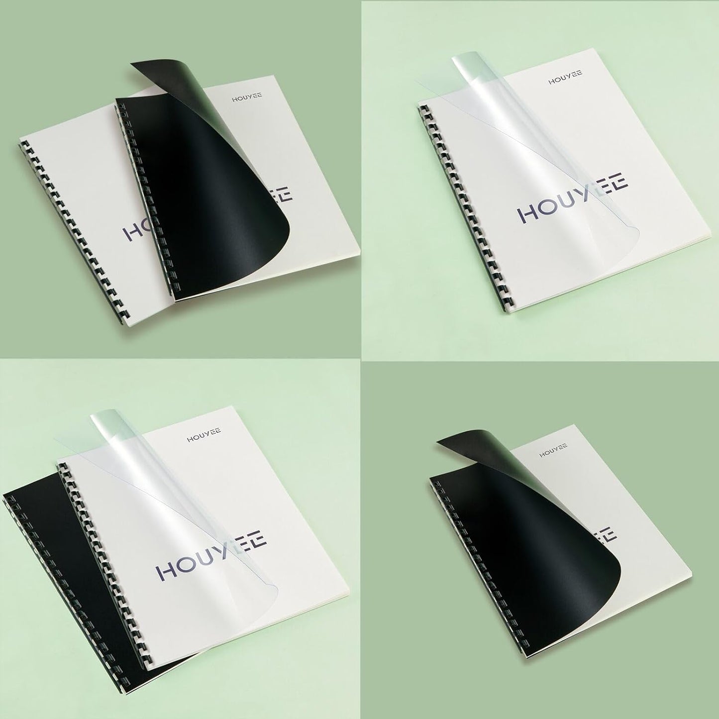 HOUYEE 100 Pack Binding Covers Set, 8.5x11 Inches, Including 50 Pcs 8 Mil Clear Binding Covers, 50 Pcs 12 Mil Black Sand Plastic