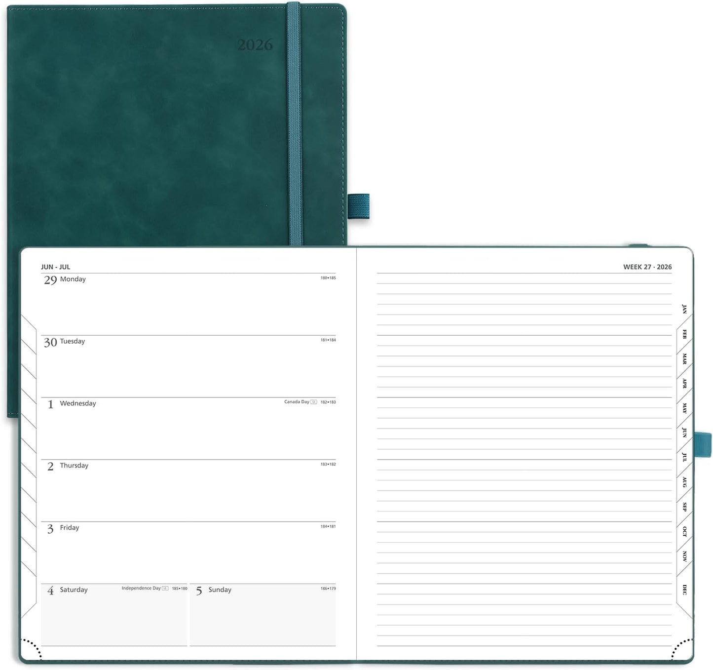 POPRUN Weekly Planner 2026 (Large 8.5" x 10.5") Calendar 12 Months Notebook with Horizontal Layout, Leather Soft Cover, Monthly Tabs, Inner Pocket, 100GSM Thick Paper, Pen Holder - Petrol Green