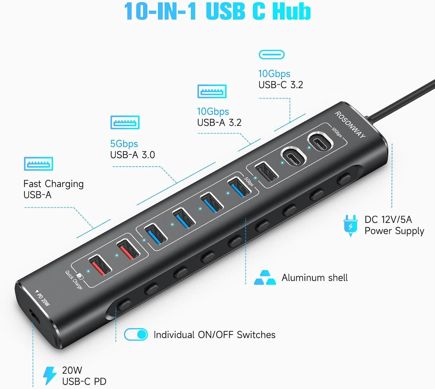 Rosonway 10-Port Powered USB 3.2/USB C Hub 60W with 3x10Gbps USB-3.2 Ports (2C + 1A), 4 USB 3.0 Data Ports, 1 USB-C PD and 2 USB-A Fast Charging Ports, Aluminum USB Splitter for Laptop/PC, RSH-A10QPD