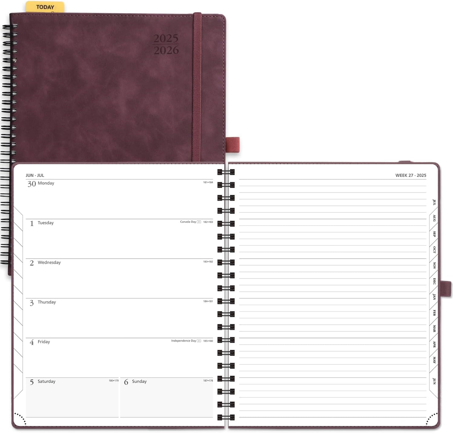 POPRUN Planner 2025-2026 Weekly Planner Notebook (Large 8.5''x 10.5'') Academic Calendar (JUL.25 - JUN.26) Appointment Book with Monthly Tabs, Spiral Soft Cover, Inner Pocket, 100 GSM - Claret