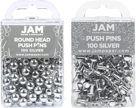 JAM PAPER Colorful Push Pins - Flat & Round Head Thumb Tack Combo Set - Silver Pushpins - 200/Pack