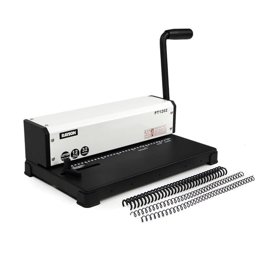 Rayson PT1202 Coil Binding Machine, 3:1 Pitch, 32 Hole Punch for Spiral & Click Binding Spines, Metal Spiral Binder Hole Punch, Punches 12 Sheets at a Time