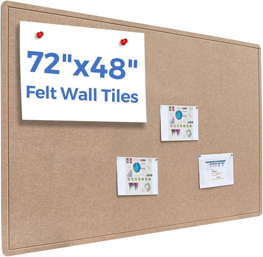 Foldable Large Felt Bulletin Board for Wall 72"x 48", Decorative Picture Framed Display Board with Self-Adhesive Tape for School, Home, Kitchen & Office Walls, Includes 30 Pins, Oatmeal